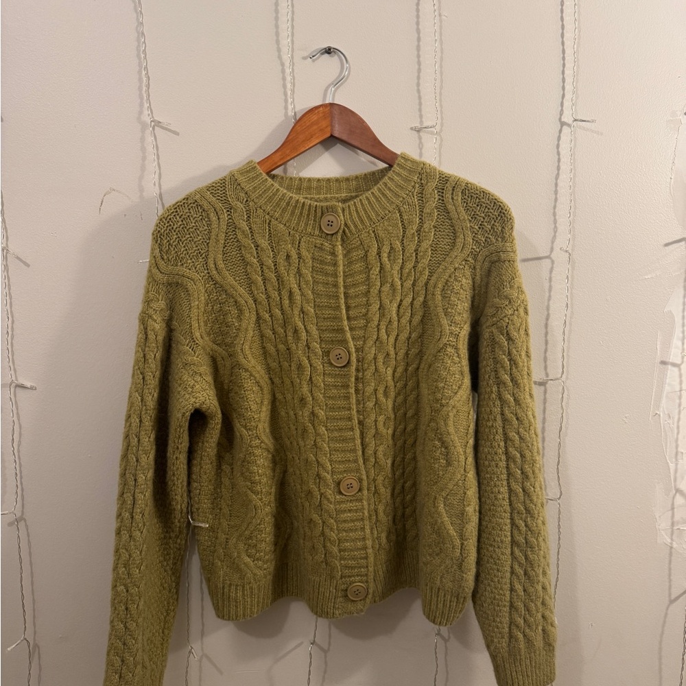 Olive Cable Knit Button-Up Sweater